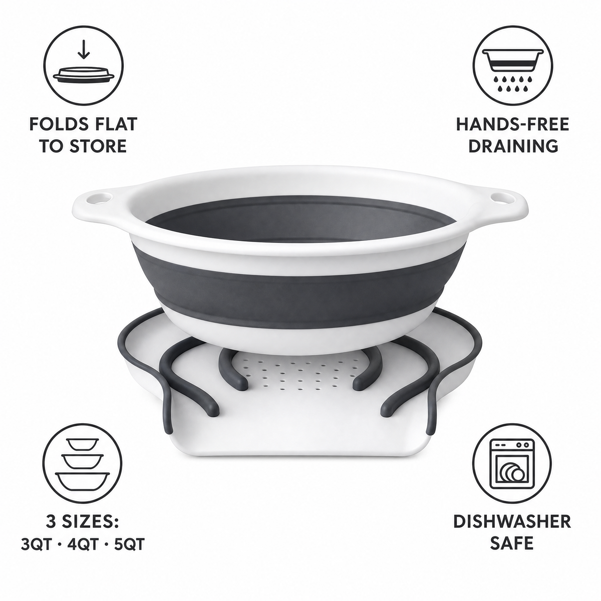 The colander with four labeled callouts for folding flat, hands-free draining, three sizes and dishwasher safe.
