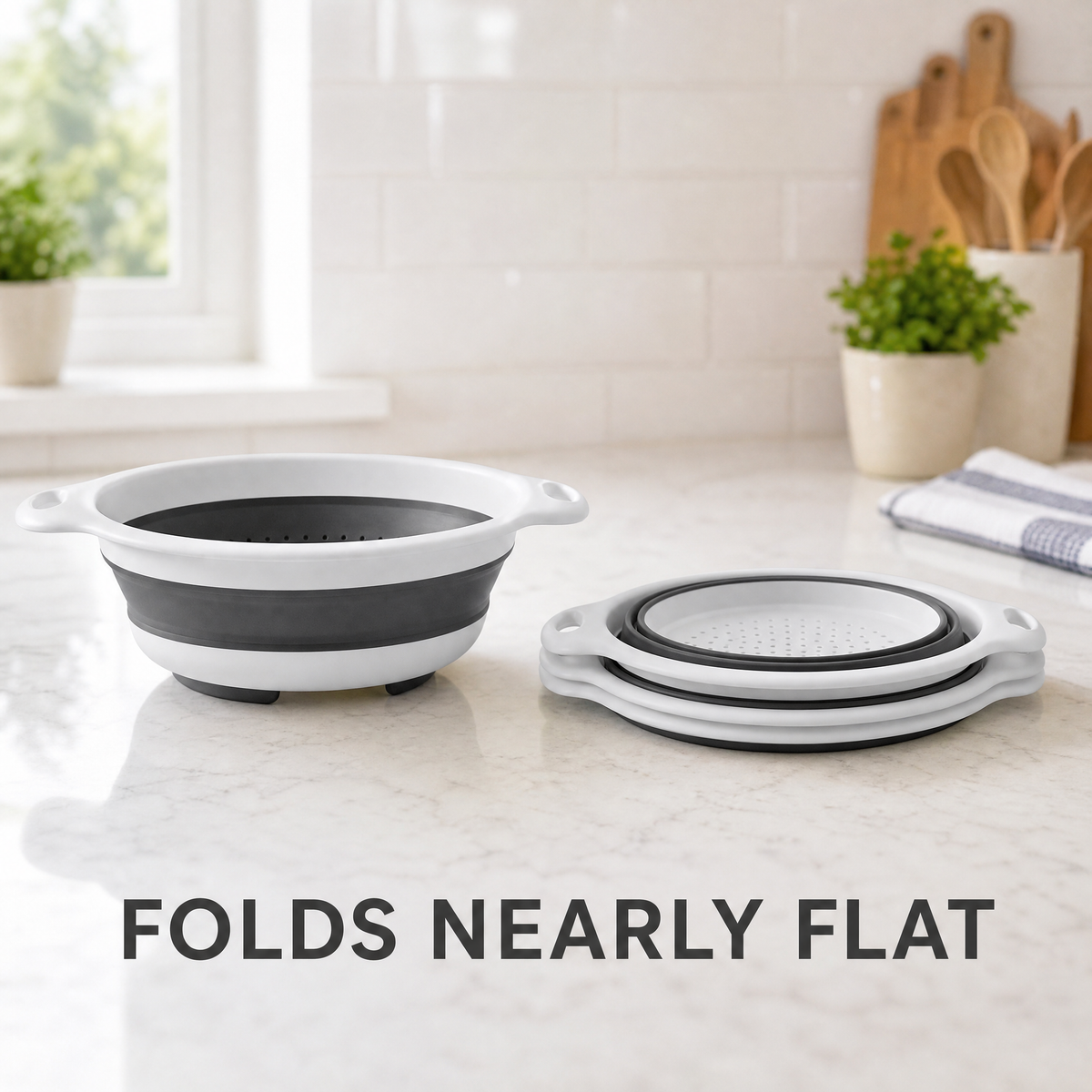 A colander shown expanded beside the same one collapsed nearly flat, labeled folds nearly flat.