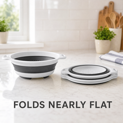 A colander shown expanded beside the same one collapsed nearly flat, labeled folds nearly flat.
