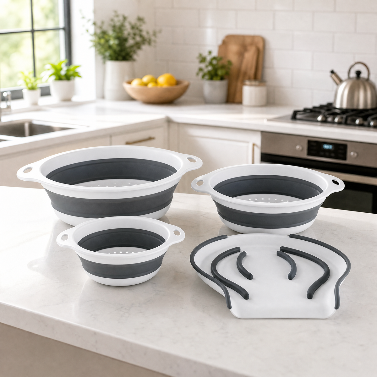 The full four-piece collapsible colander set in three sizes plus the draining base on a kitchen counter.