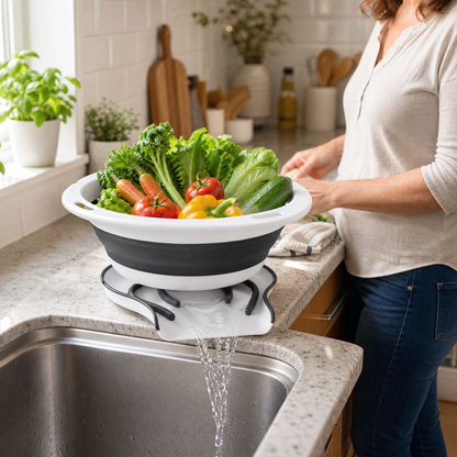 A home cook drains vegetables hands-free with the colander on its base at the sink.