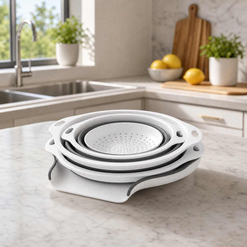 The three colanders nested and collapsed together on top of the draining base.