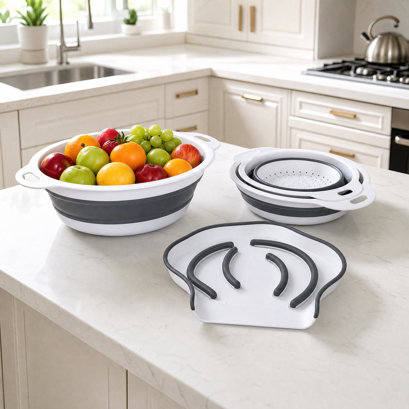 The complete four-piece collapsible colander set displayed on a kitchen island.