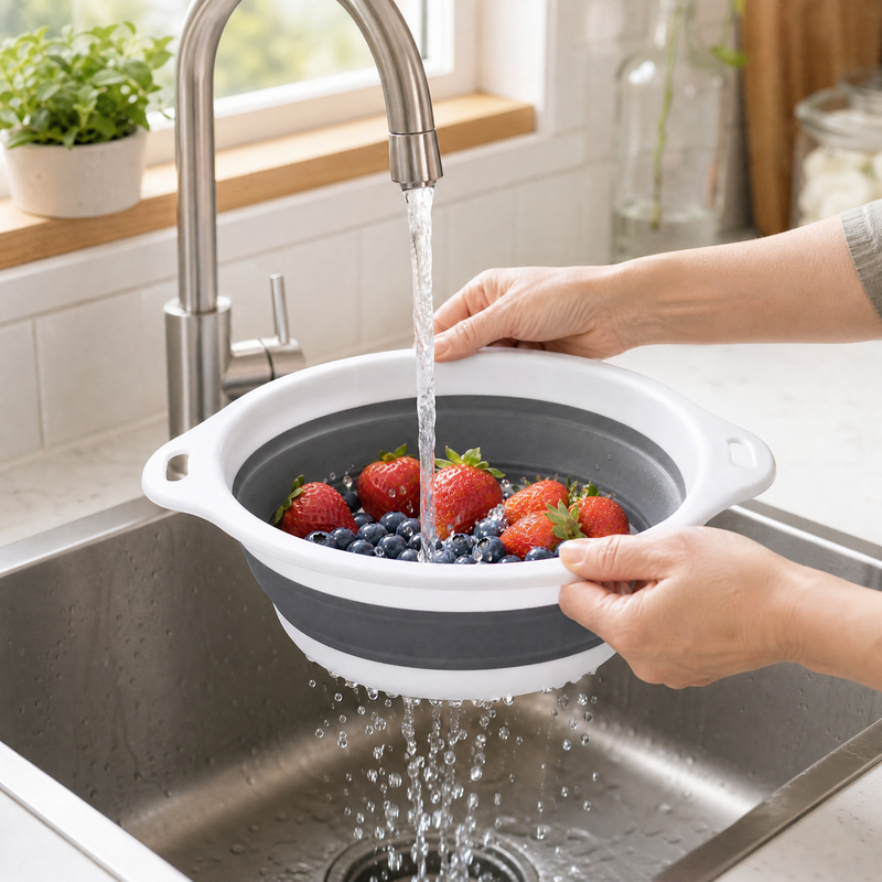 The small colander rinsing fresh berries under a running tap.