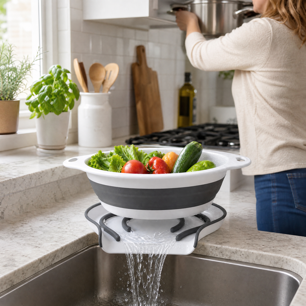 A colander drains hands-free on its base beside the sink while a home cook's hands work nearby.