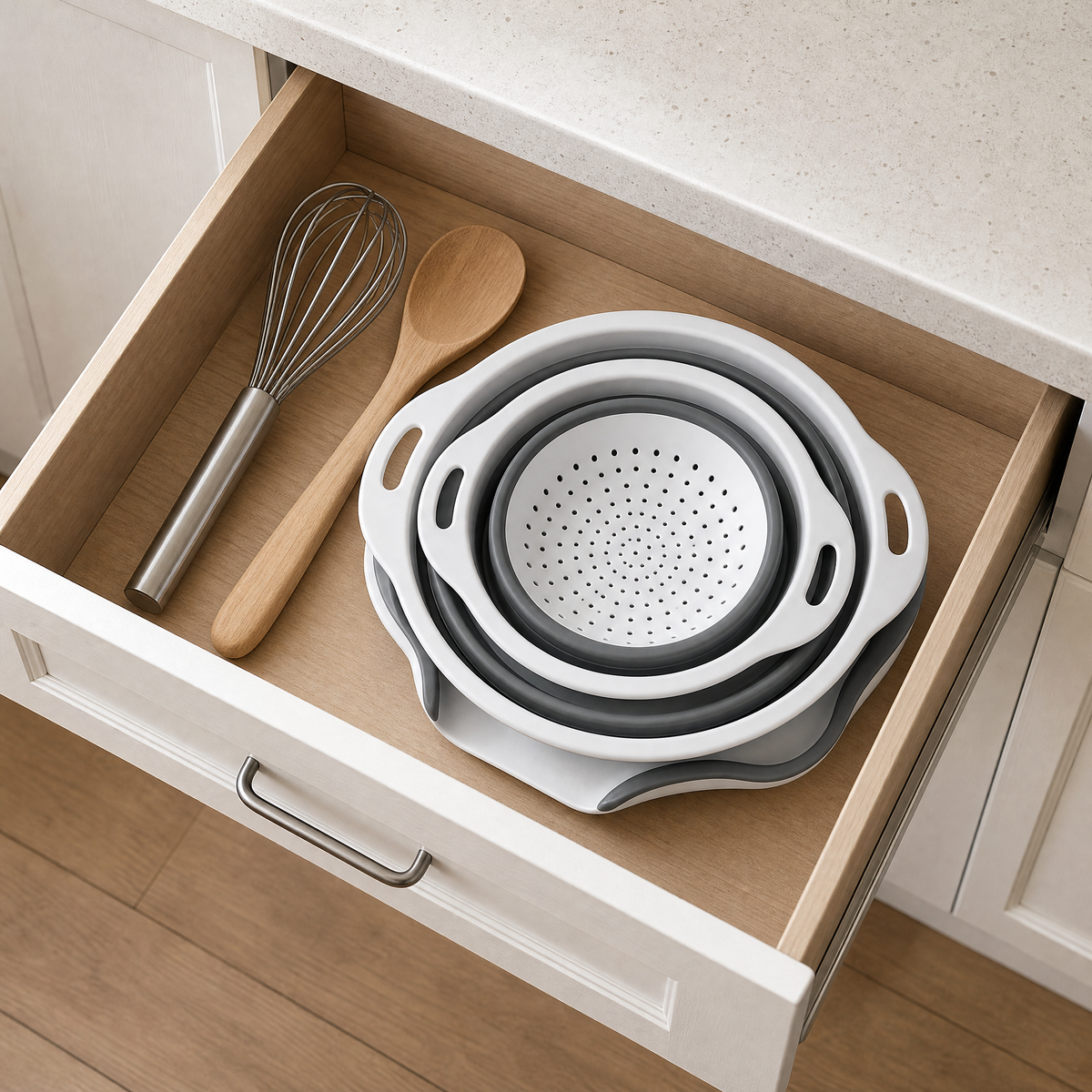 The collapsed colander set folded nearly flat and stacked inside a kitchen drawer.