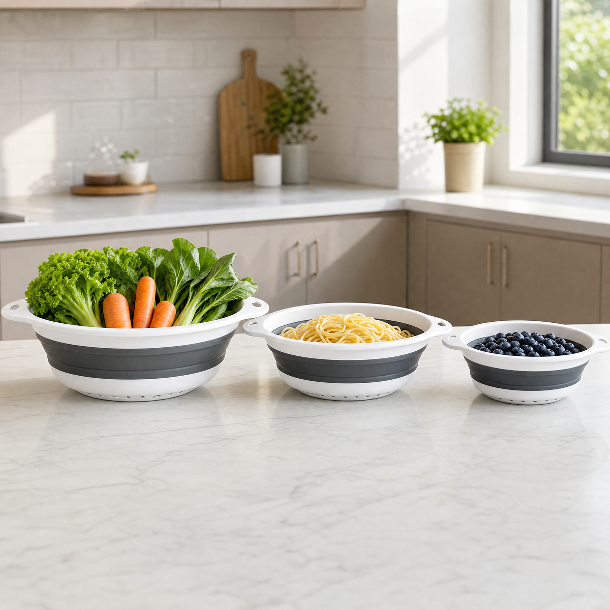 The three colander sizes side by side holding greens, pasta and berries to show their range.
