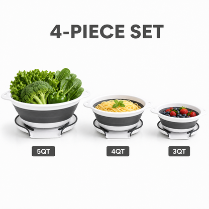 The three colander sizes labeled 5QT, 4QT and 3QT with a four-piece-set header.