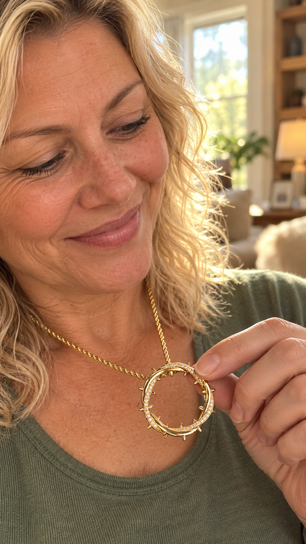 A woman by a sunny window lifts the gold Crown of Thorns pendant from her chest and looks at it.