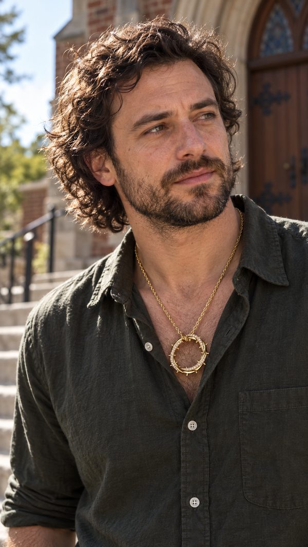 A man in a green shirt wears the gold Crown of Thorns Necklace on the steps outside a church.