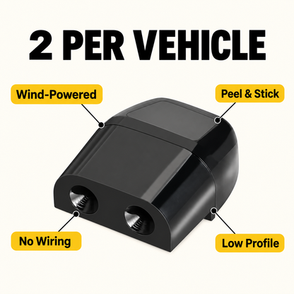 Infographic of a deer whistle with callouts: wind-powered, no wiring, peel and stick, low profile, two per vehicle.