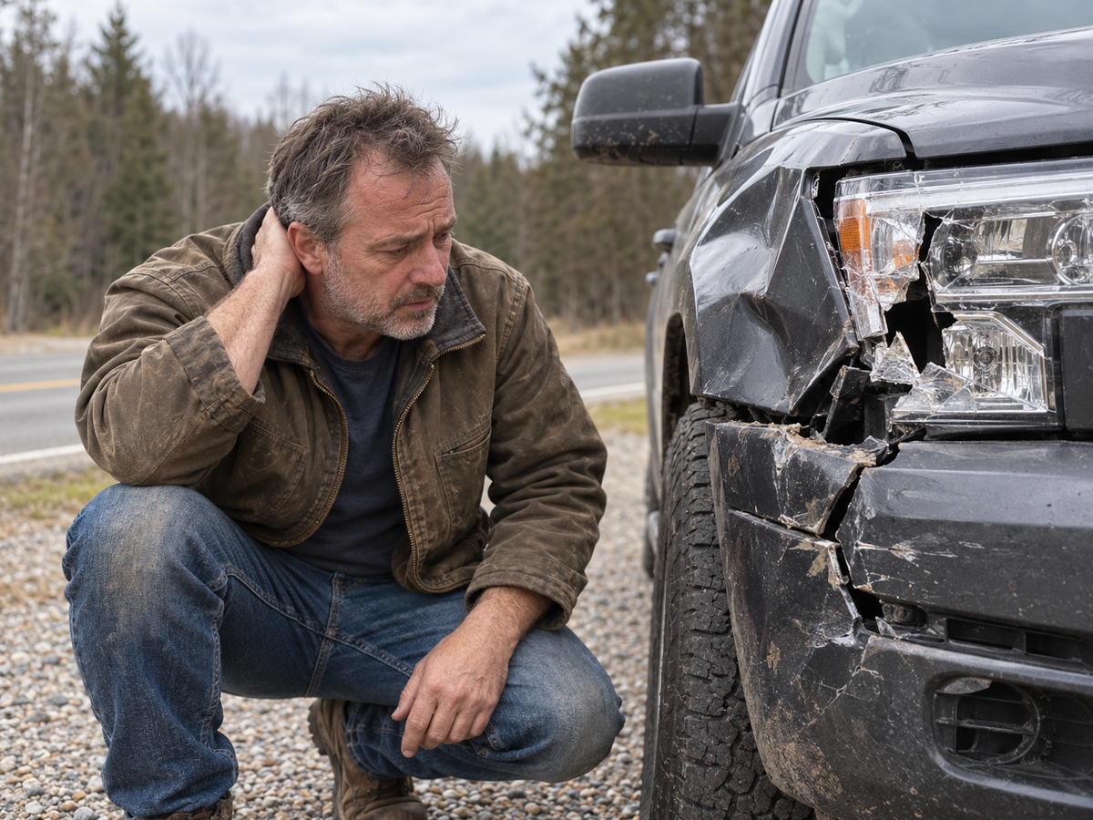 A man crouches beside his pickup truck looking at a cracked bumper and broken headlight after hitting a deer on a country road.