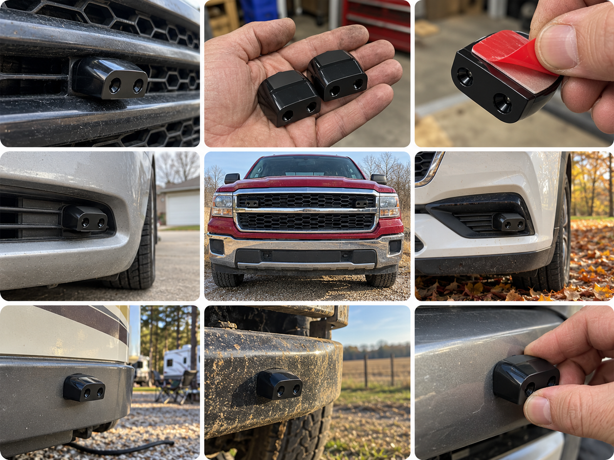 A grid of nine candid phone photos showing black deer whistles mounted on trucks, cars, an SUV and an RV, and held in hands during install.