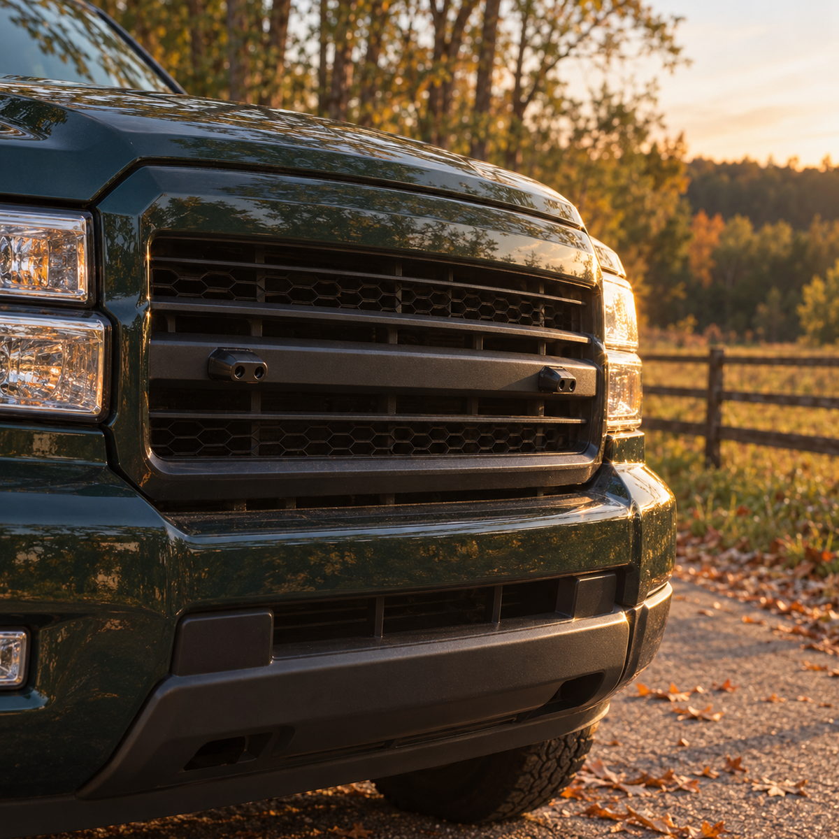 The front of a pickup truck on a country road with a black deer whistle mounted on each side of the grill.