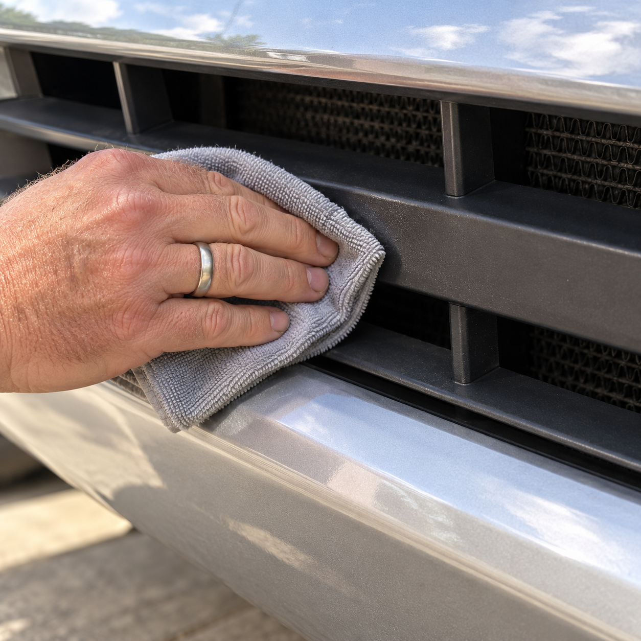 A hand wipes a pickup truck's grill bar clean with a cloth before mounting a deer whistle.