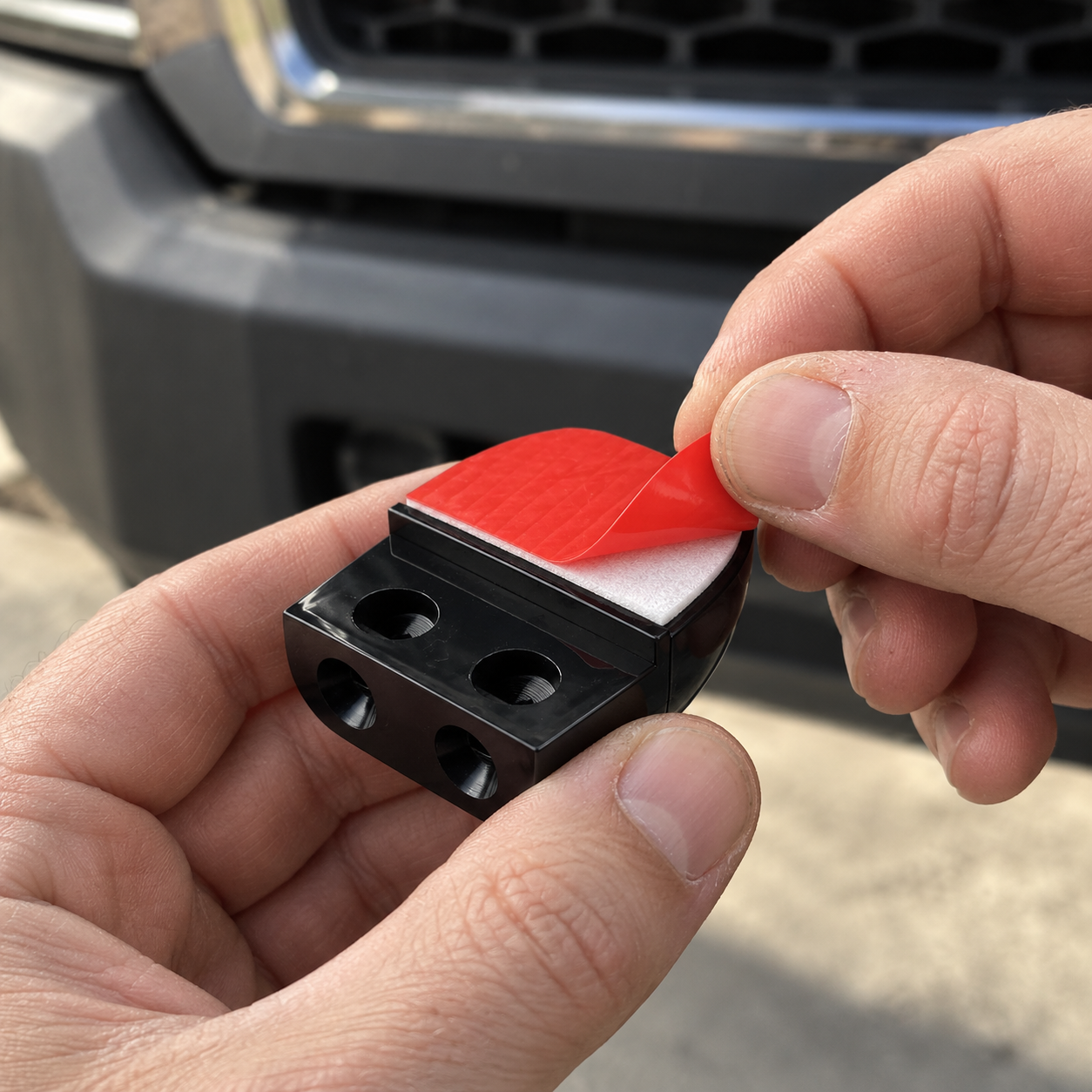 Hands peel the red adhesive backing off the base of a black deer whistle.