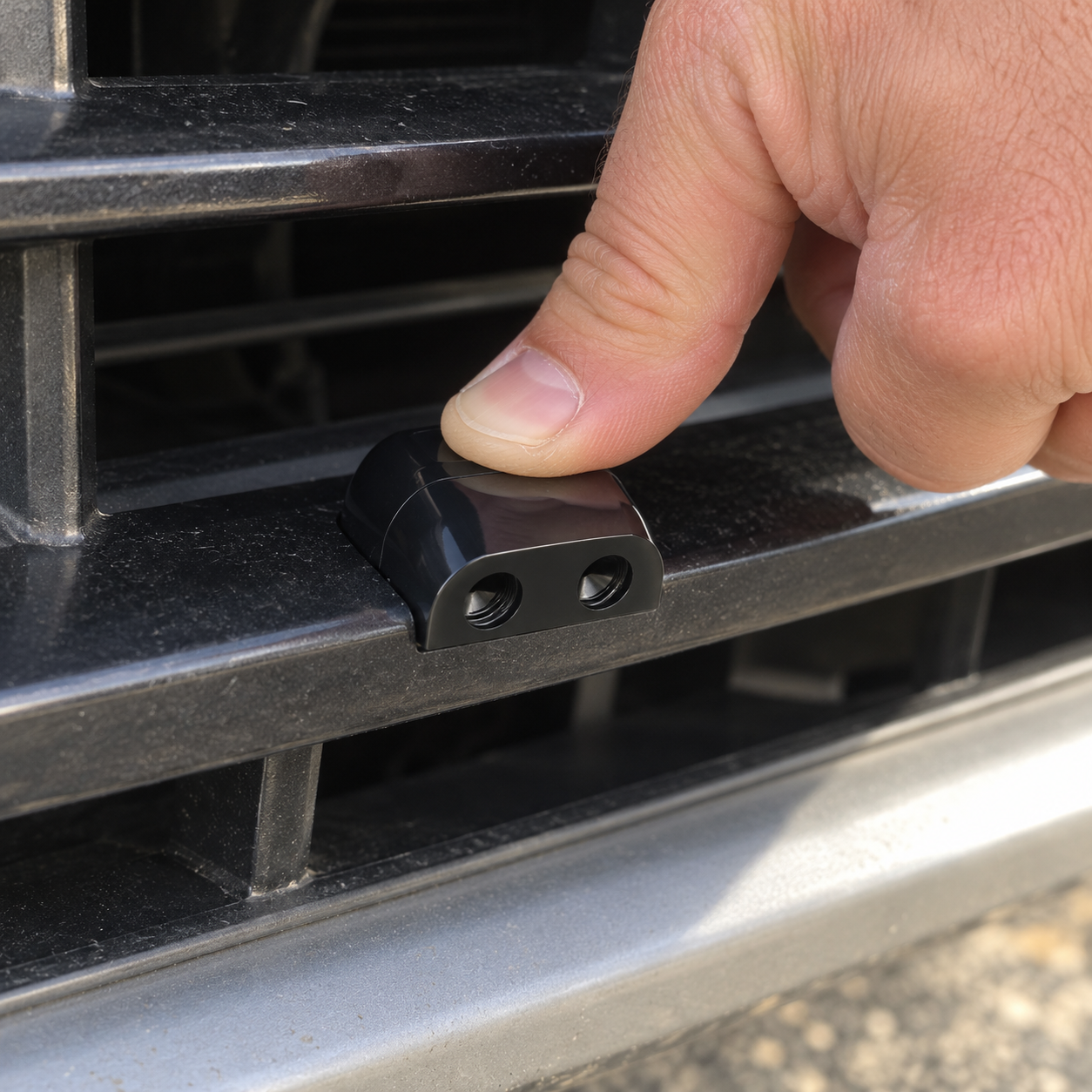 A thumb presses a black deer whistle firmly onto a truck's grill bar.
