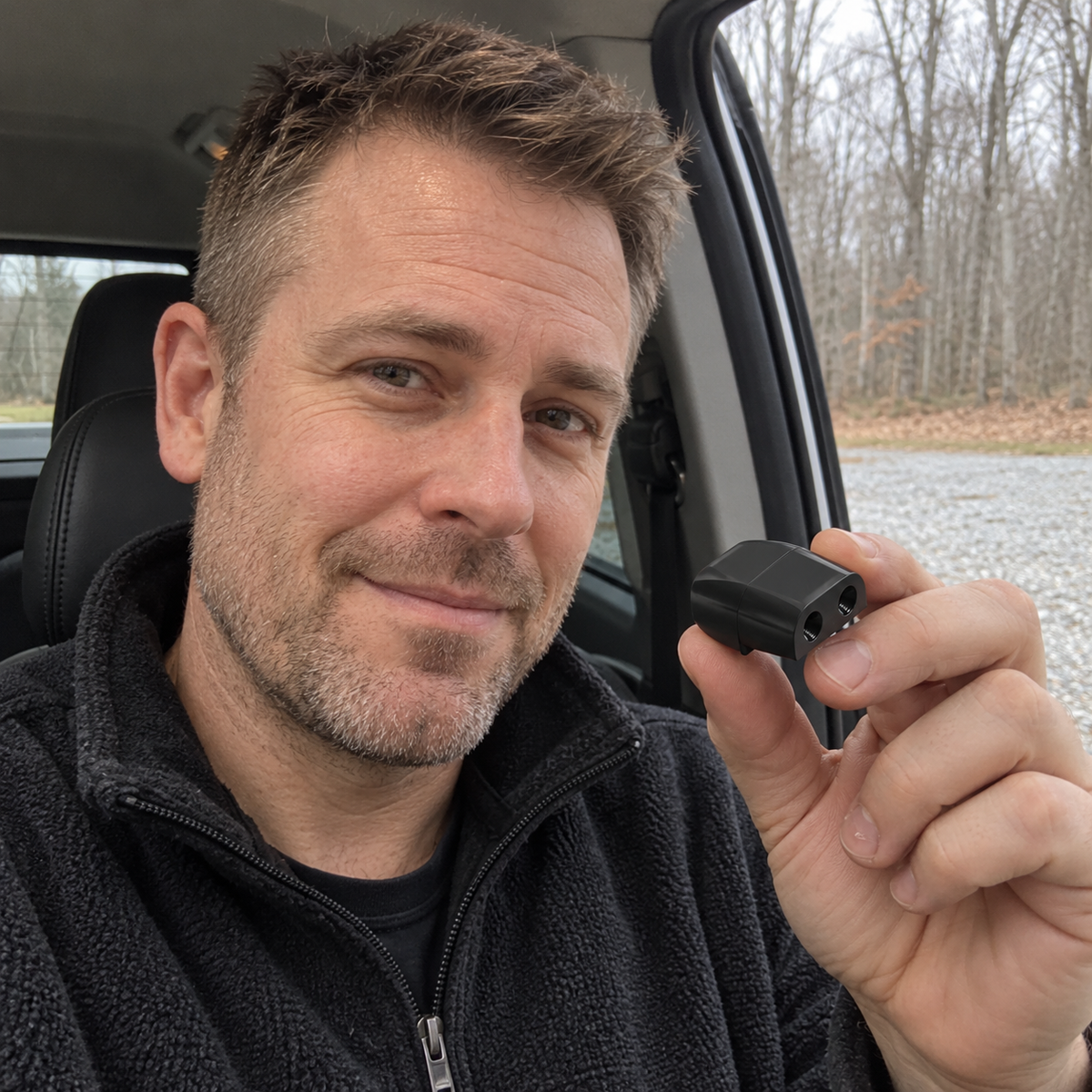 A man sitting in his pickup truck holds up a small black deer whistle to the camera.