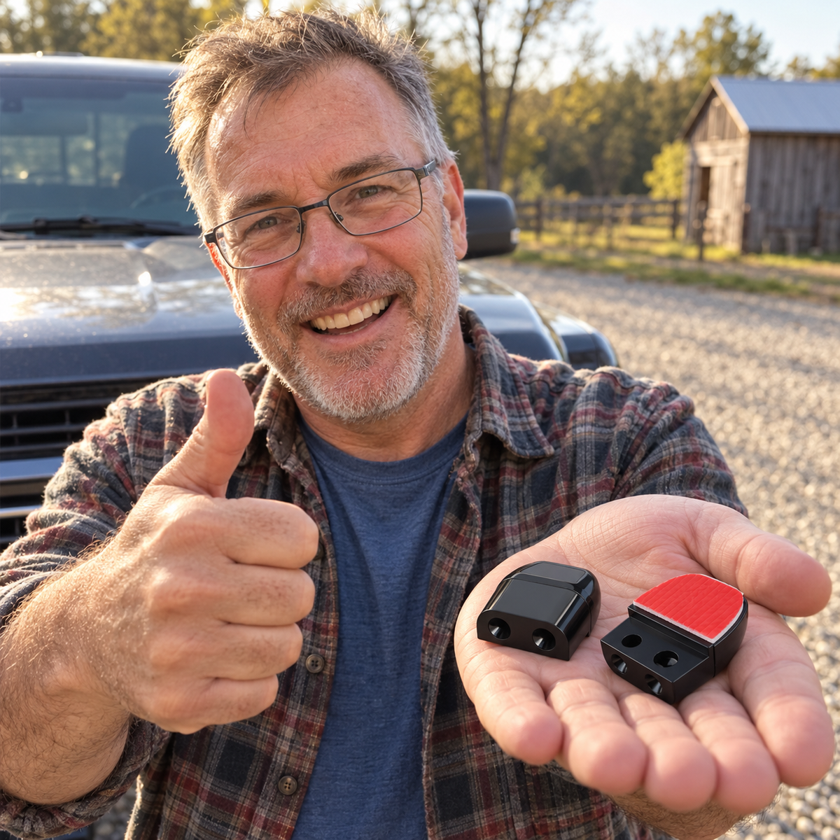 A smiling man gives a thumbs-up by his truck while holding two black deer whistles in his hand.