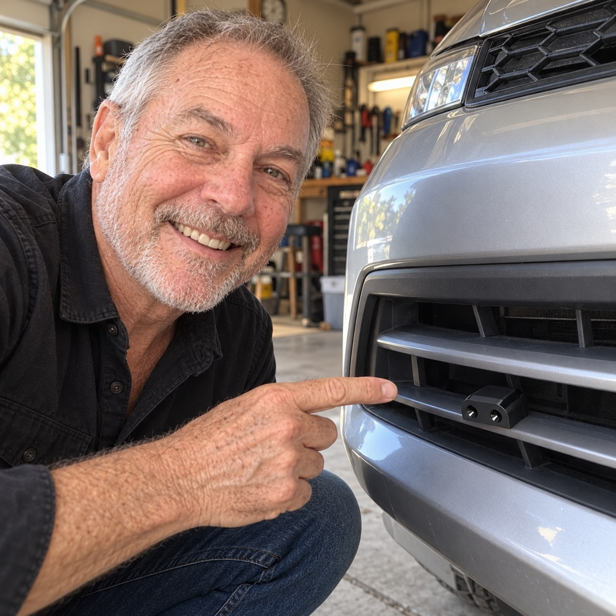 An older man crouches by his SUV in a garage and points at a deer whistle mounted on the grill.