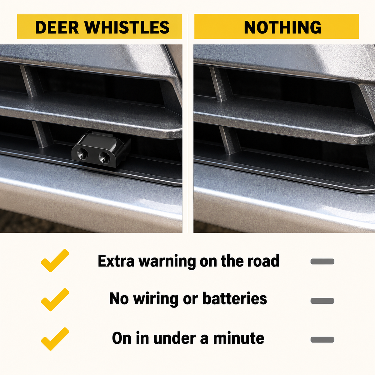 Comparison of a truck grill with a deer whistle versus a bare grill, with three checked benefits.