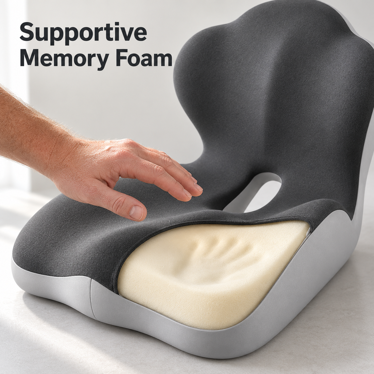 A hand lifting from the cushion's exposed cream memory foam, its handprint filling back in.