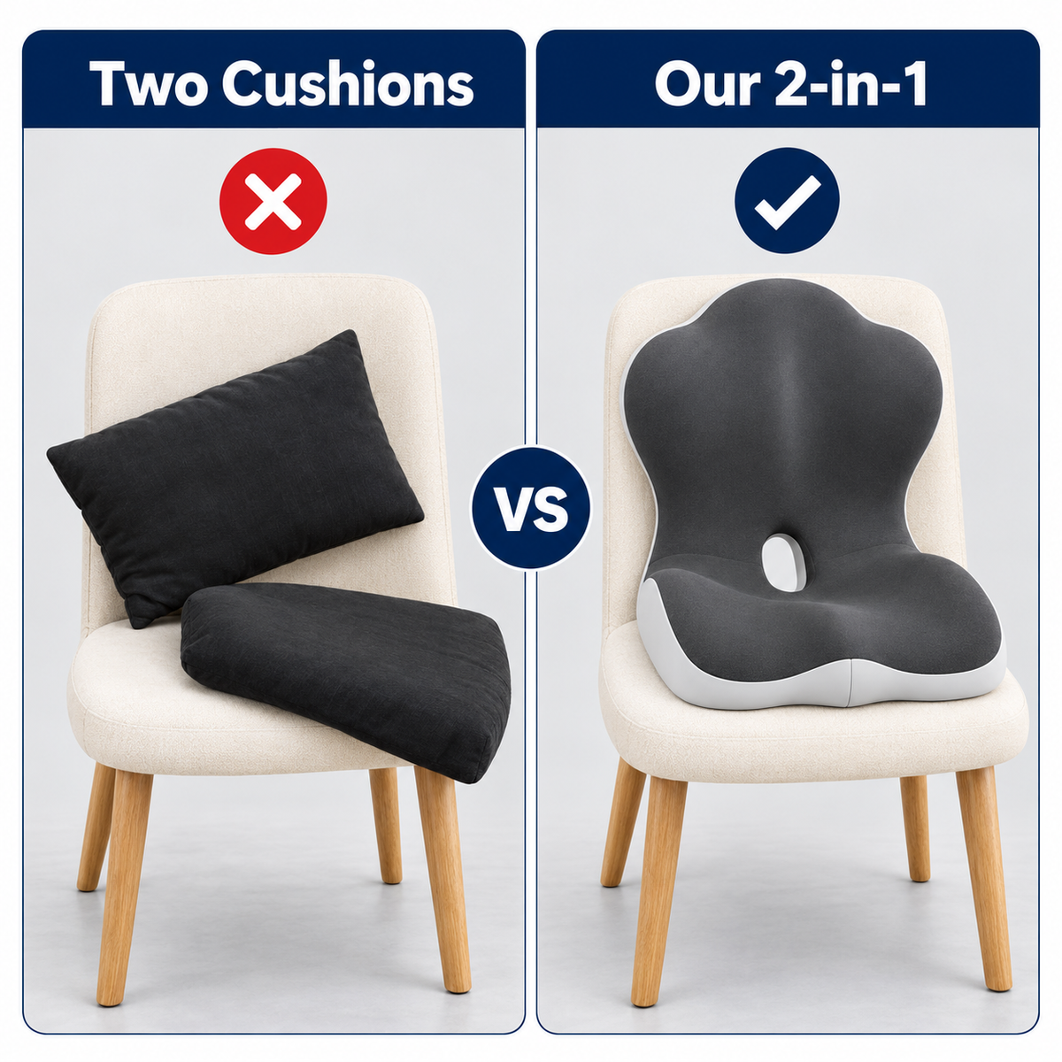 Side-by-side comparison: a separate back pillow and seat pad slipping apart on a chair, next to the one-piece 2-in-1 cushion sitting straight.