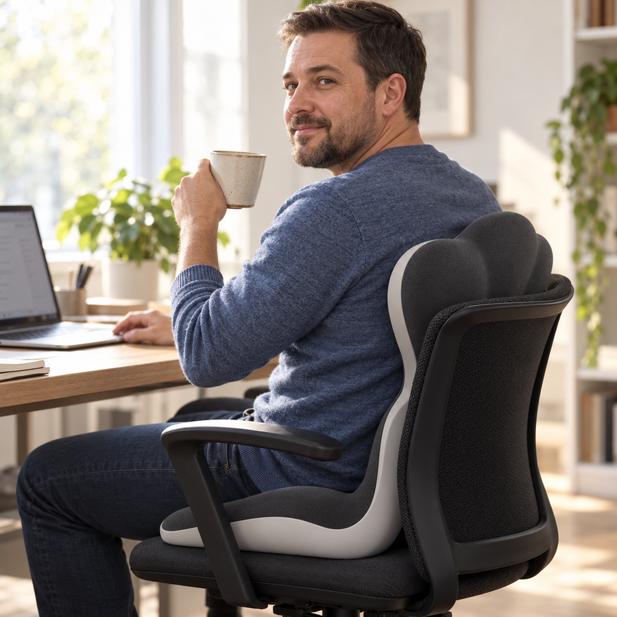 A man sits relaxed at his home desk on the grey 2-in-1 cushion, coffee in hand.