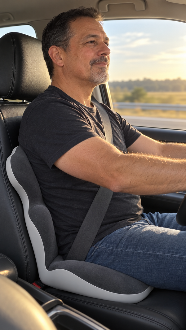 A man in his fifties drives on a sunny highway, sitting upright on a grey 2-in-1 seat and back cushion on his leather driver's seat.
