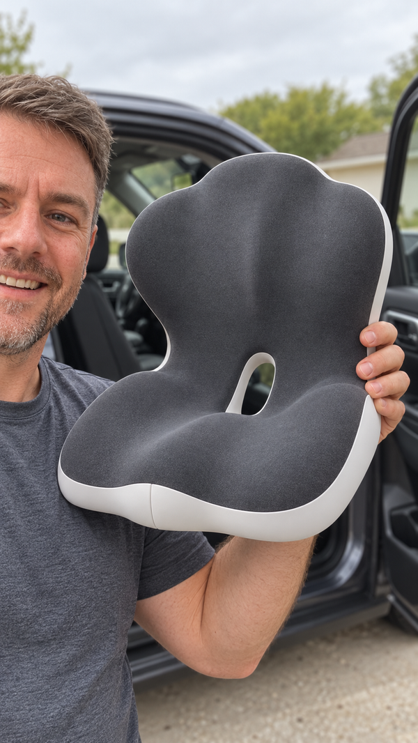 A smiling man in a grey T-shirt holds up the grey 2-in-1 seat and back cushion beside his face next to his car.