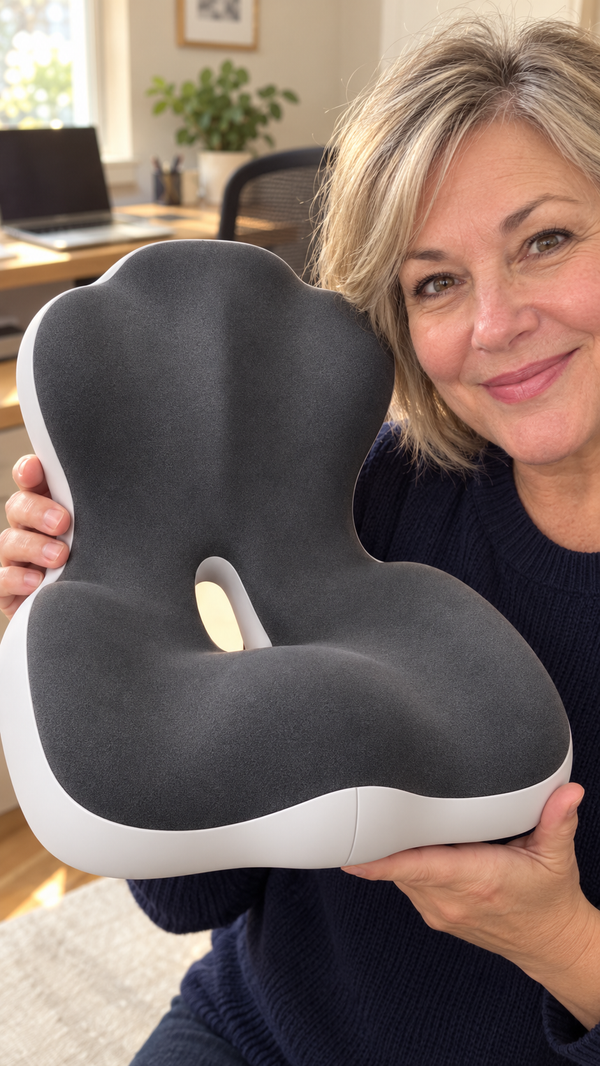 A smiling woman in her fifties holds up the grey 2-in-1 cushion beside her face in her home office.