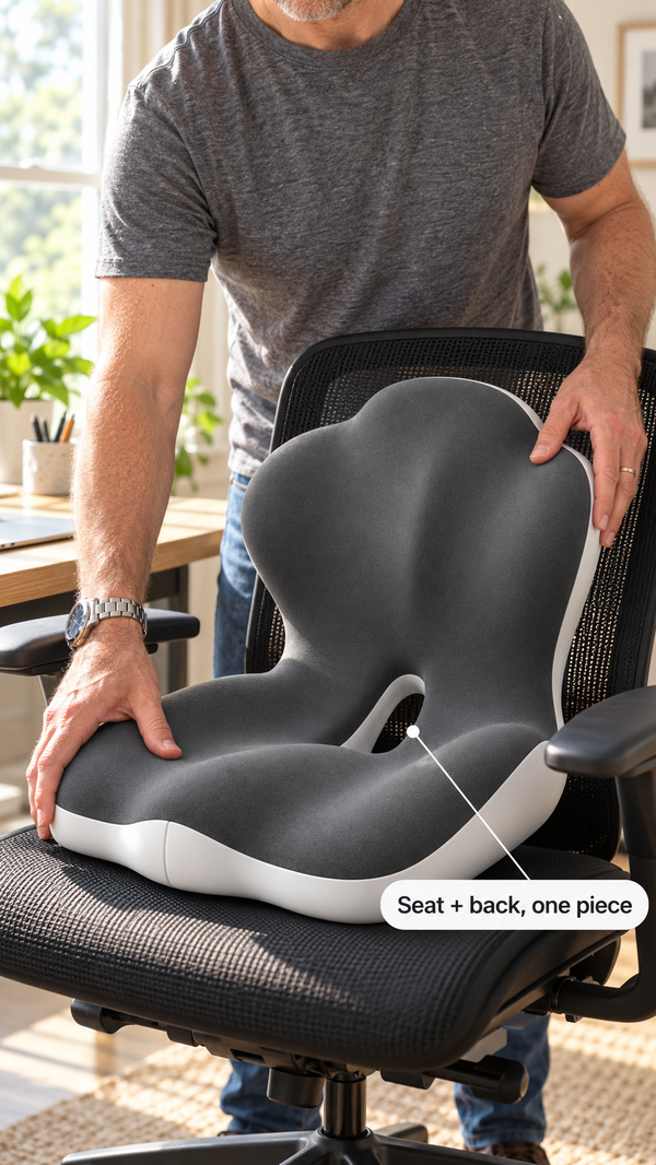 A man's hands set the grey 2-in-1 cushion onto a mesh office chair, with a callout reading Seat + back, one piece.