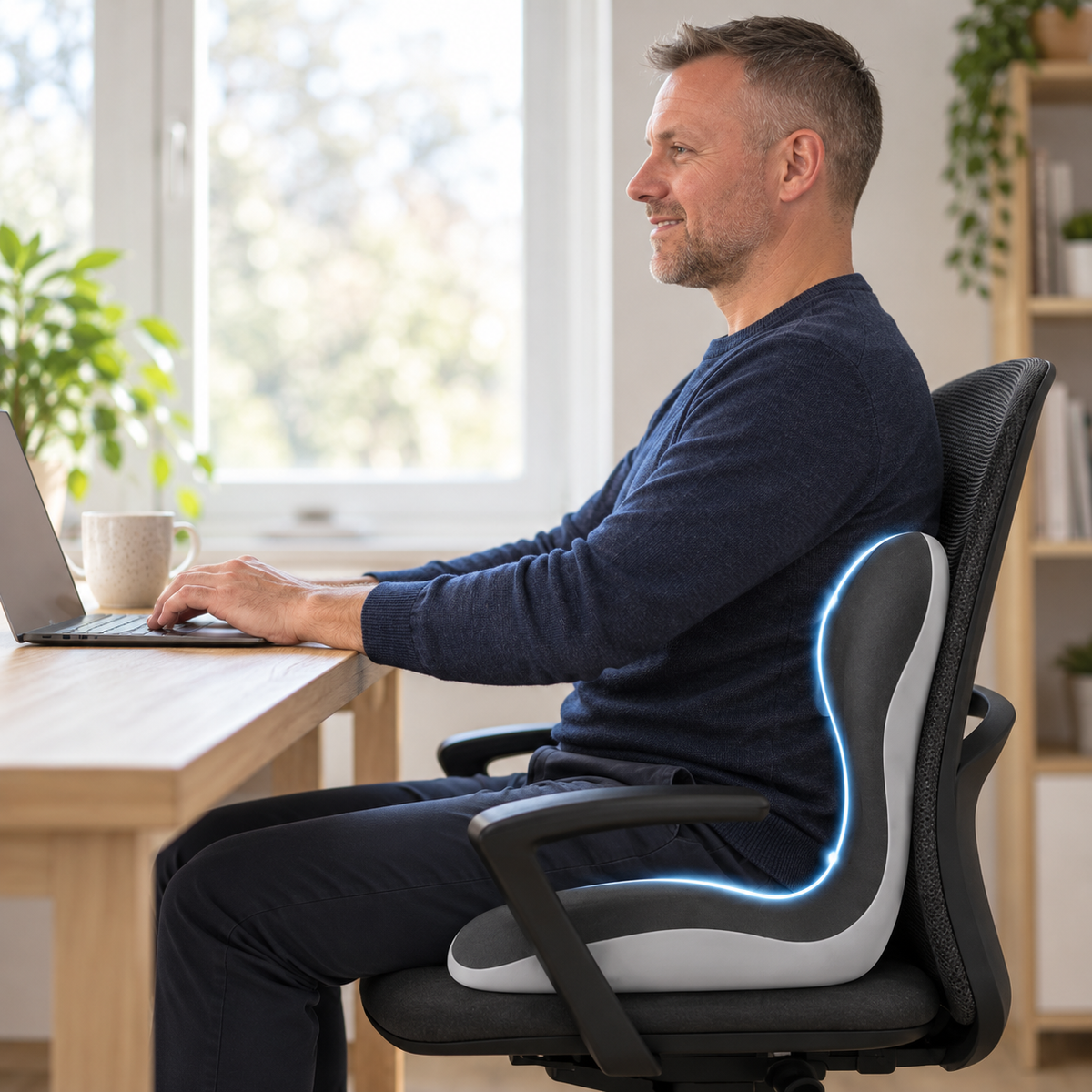 A man in his late 40s sitting upright at a desk, his lower back and hips resting in the 2-in-1 cushion on an office chair.
