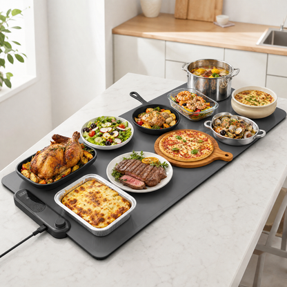 The full length of the food warming mat loaded end to end with pots, trays, bowls and plates.