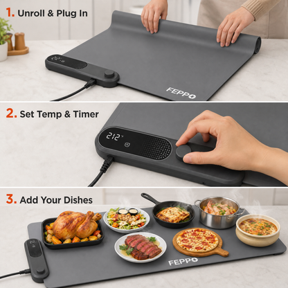 Three-step how-to graphic: unroll and plug in, set the temperature and timer, then add dishes.