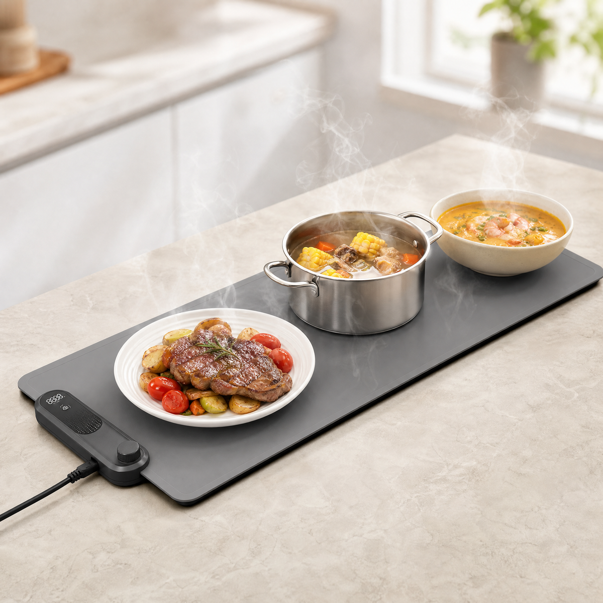 A graphene food warming mat holding a pot, bowl and plate with steam rising evenly across its surface on a kitchen counter.
