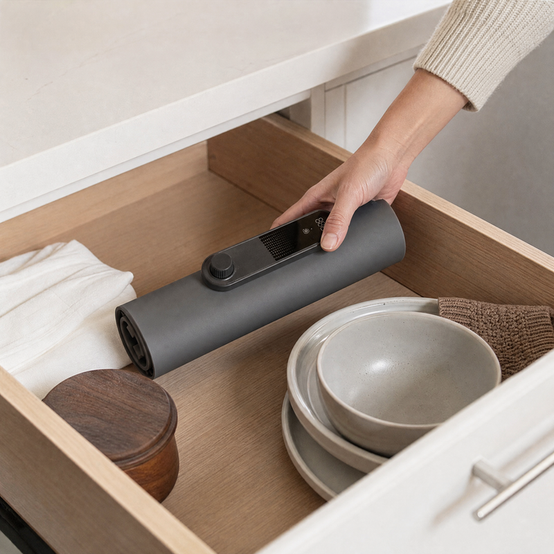 The food warming mat rolled into a compact cylinder being tucked into a kitchen drawer.