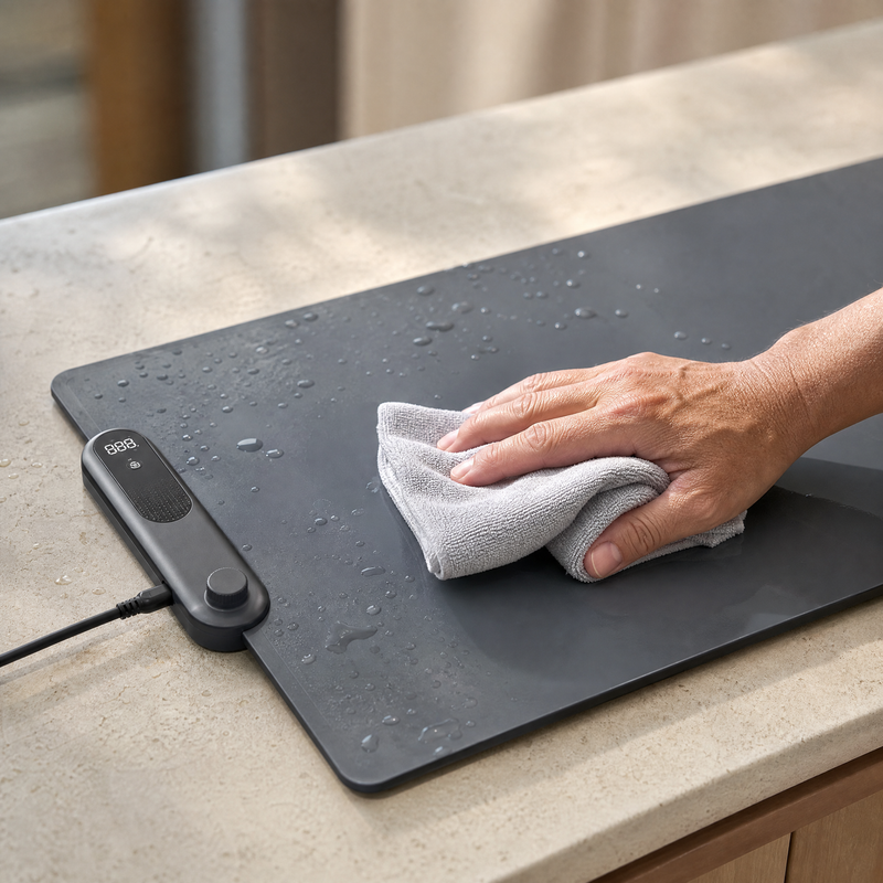 A hand wipes the flat surface of the food warming mat clean with a cloth.