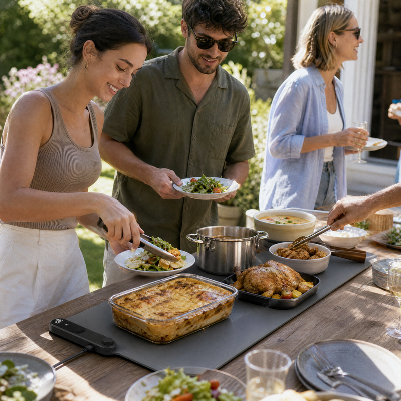 A sunlit table where friends serve themselves from dishes kept hot on a food warming mat.