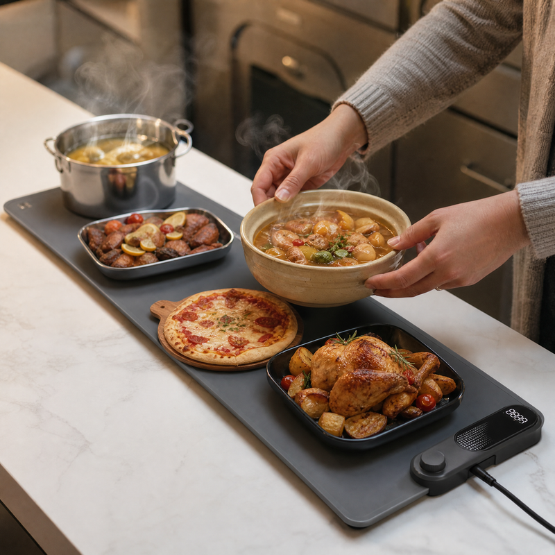 Close-up of hands placing a hot ceramic dish onto the food warming mat beside other warm dishes.