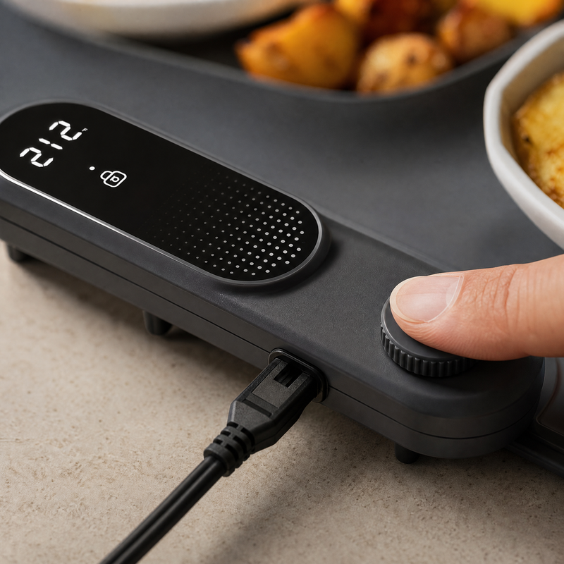 A fingertip turns the round control knob of the food warming mat as its LED display glows.