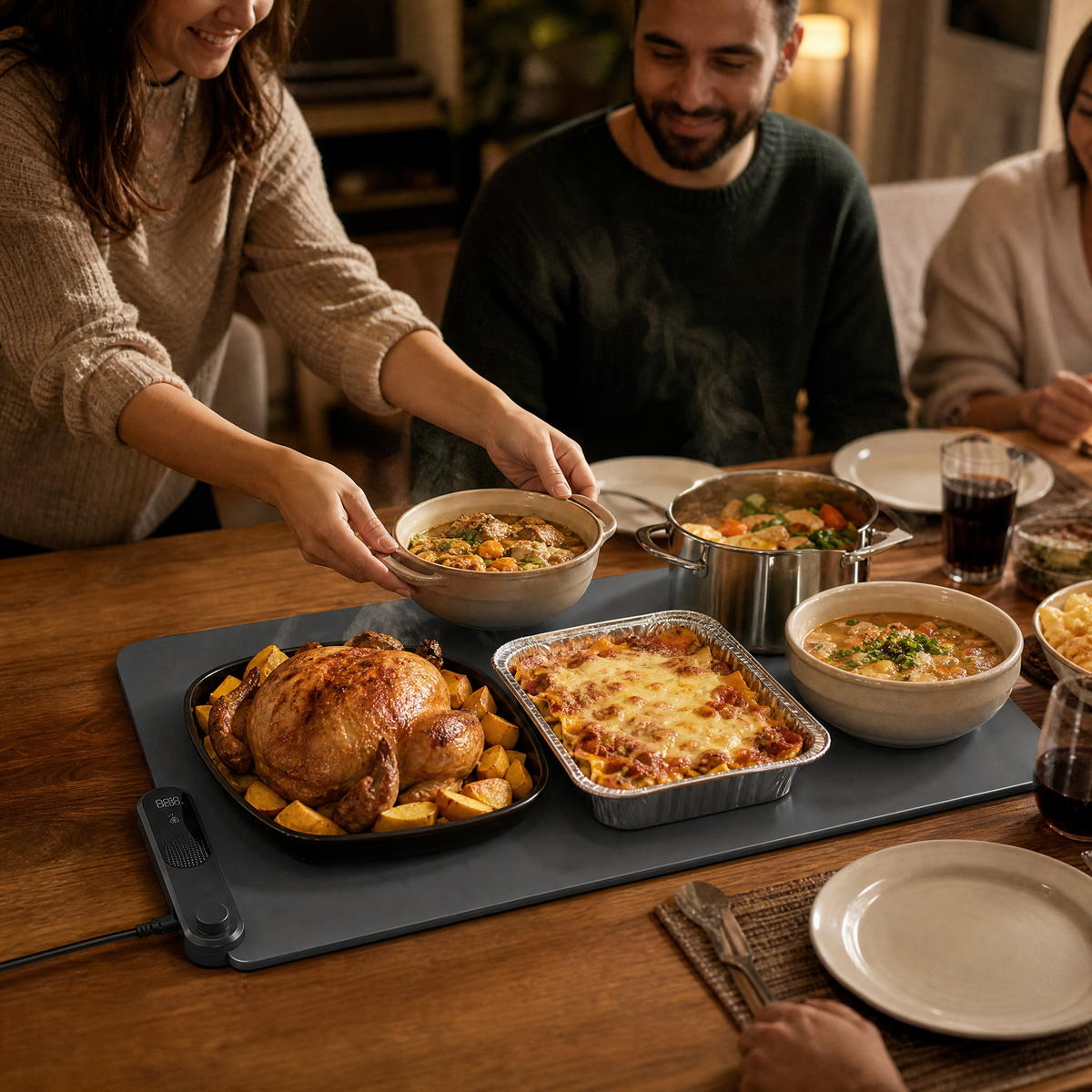 Hands setting a serving dish on a food warming mat covered with hot buffet dishes at a dinner party.