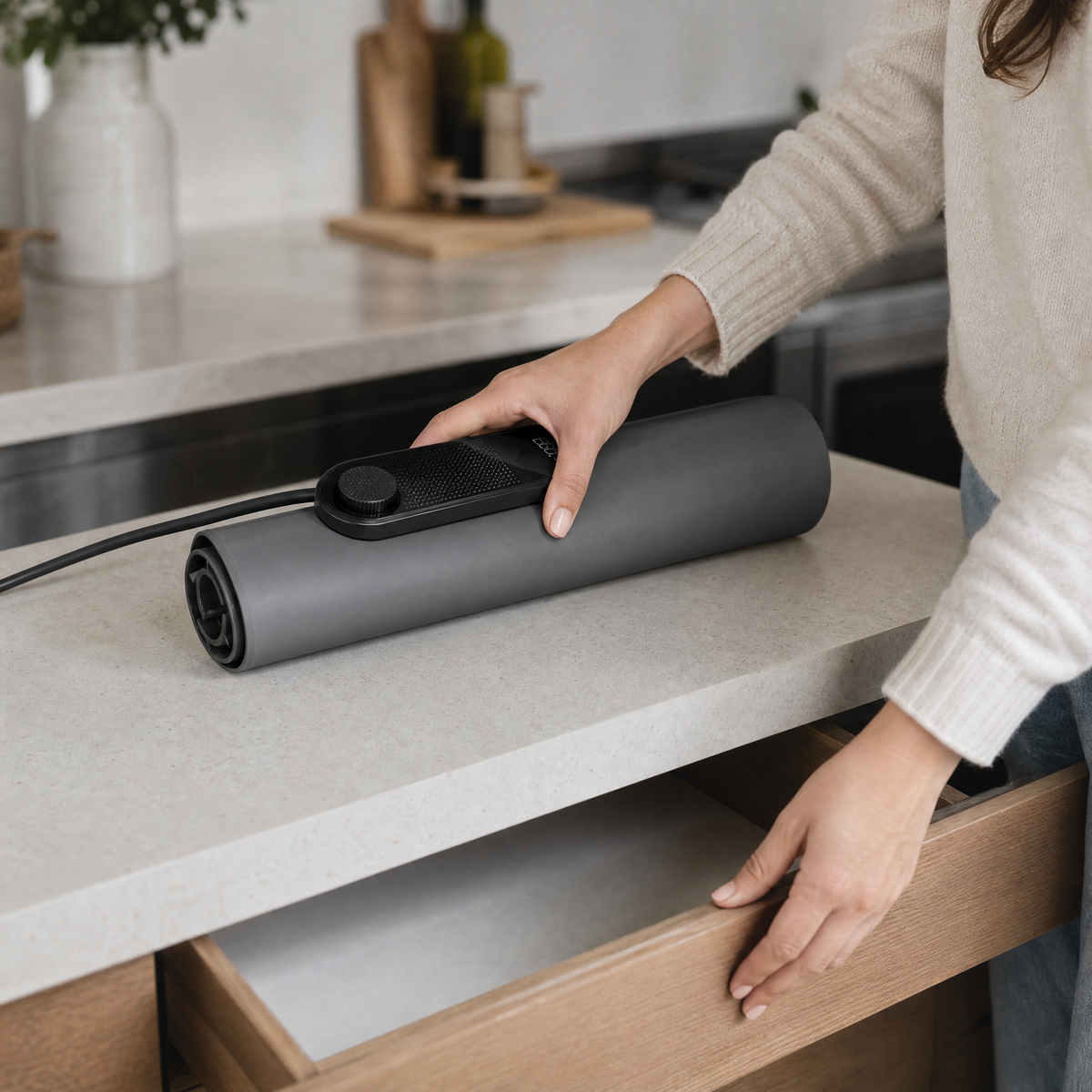 Hands rolling up the flexible food warming mat to store it in a kitchen drawer.