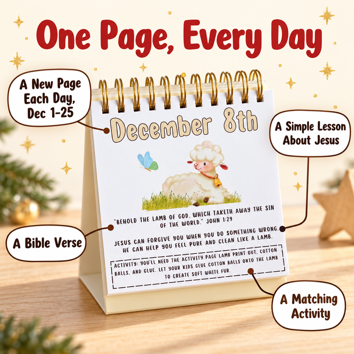 The flip calendar open to its December 8th page, with labels pointing to the date, the lesson, the Bible verse and the activity.