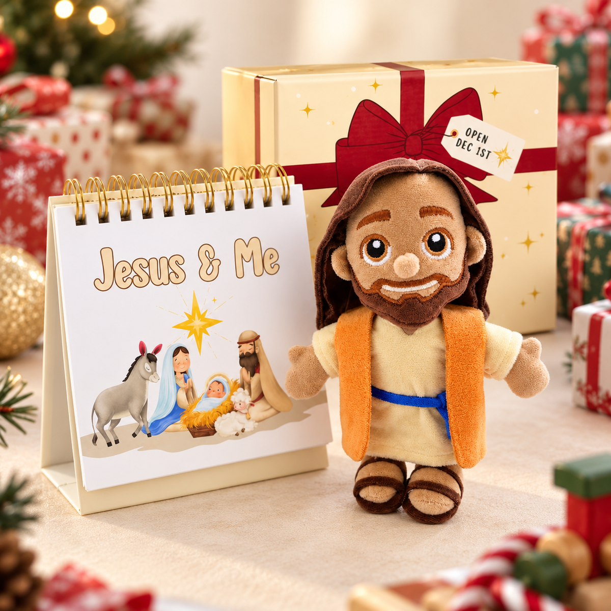The plush Jesus doll, the standing flip calendar and its gift box sit in sharp focus on a cream table, with blurred wrapped presents crowding in from the edges.