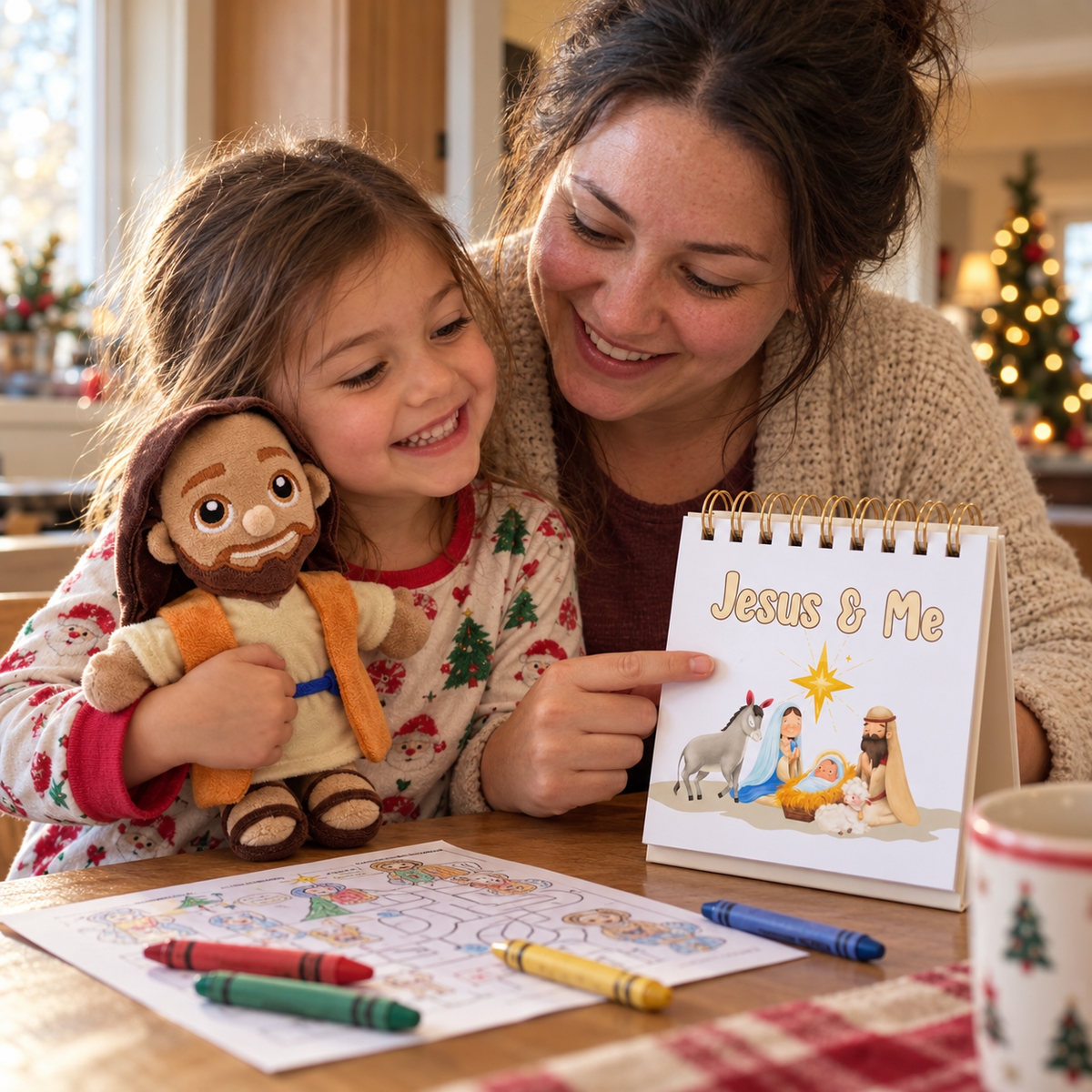 A mother and her young daughter at the kitchen table in the morning, the girl hugging the plush Jesus doll beside the open flip calendar.