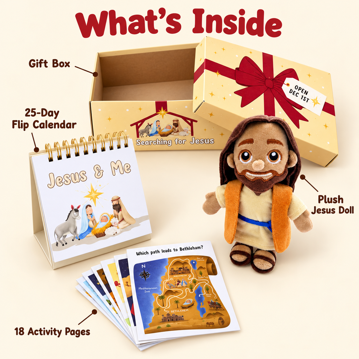 The gift box, plush Jesus doll, flip calendar and fanned activity pages laid out on cream with a label on each item.