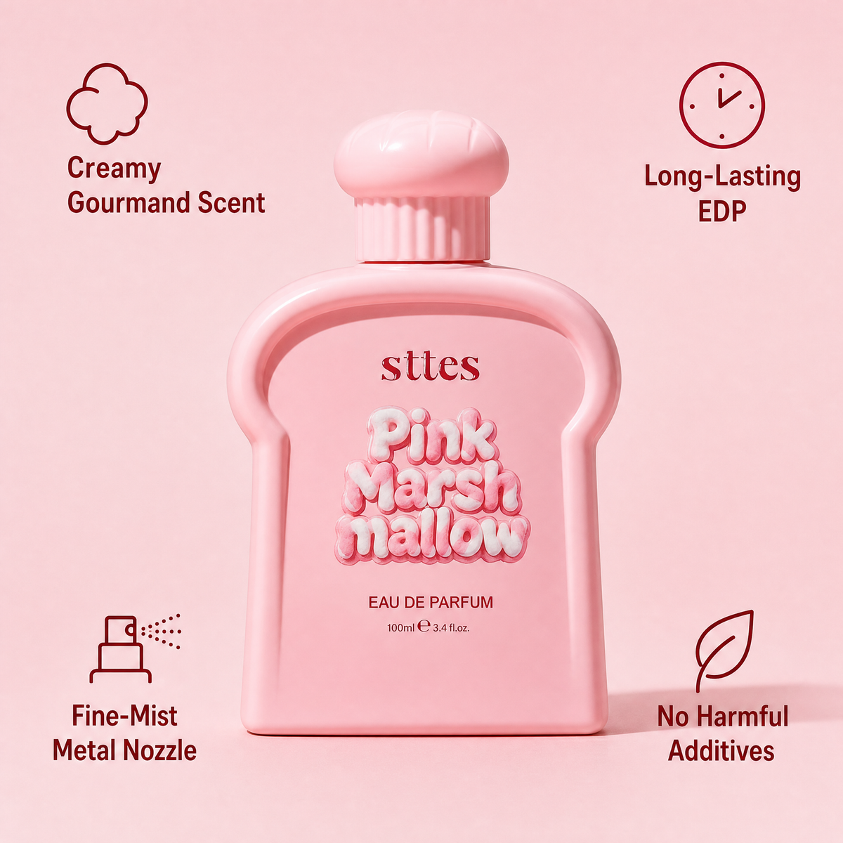 The pink marshmallow perfume with four benefit callouts around it.