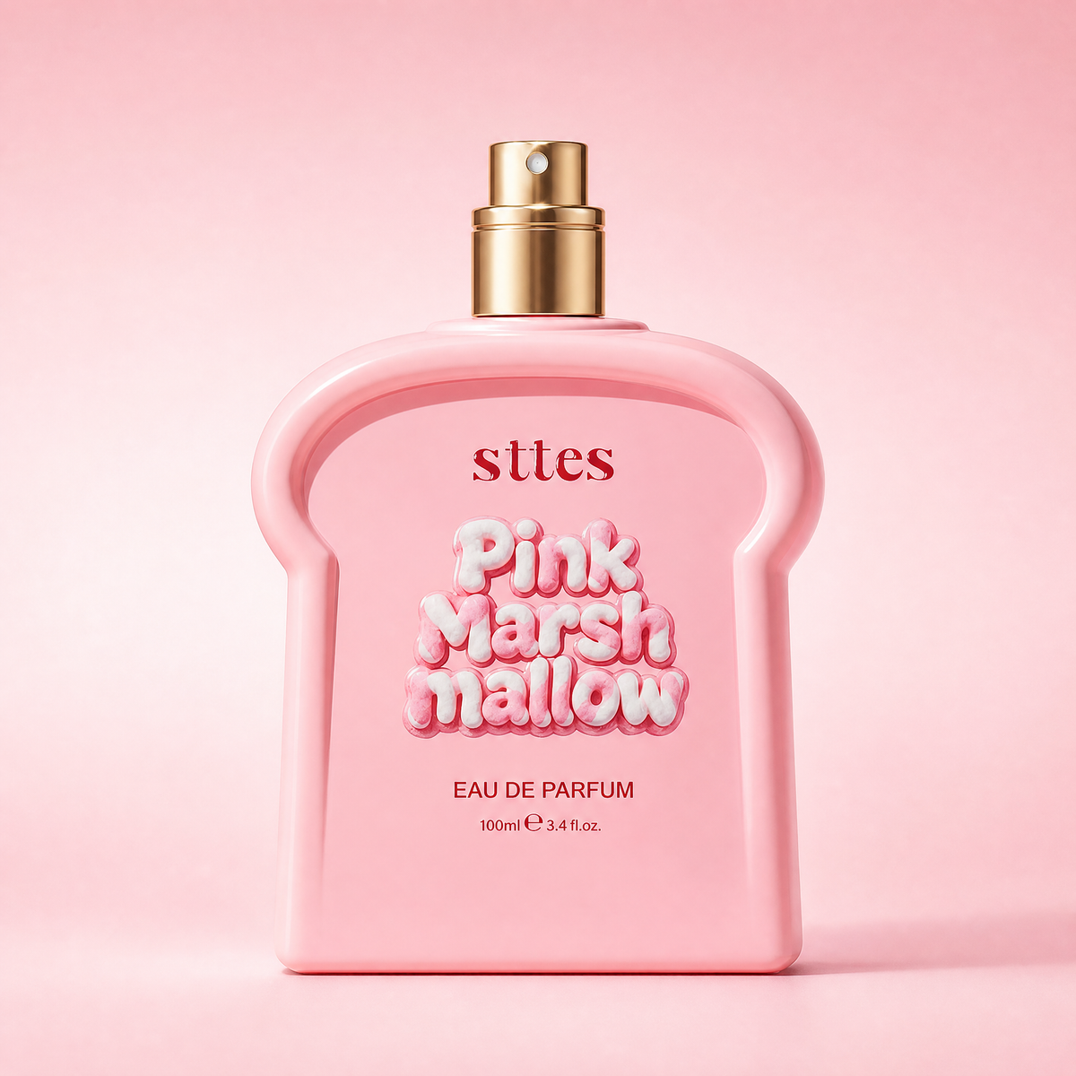 The pink marshmallow eau de parfum bottle centered on a seamless pink background.