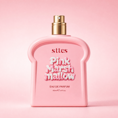 The pink marshmallow eau de parfum bottle centered on a seamless pink background.